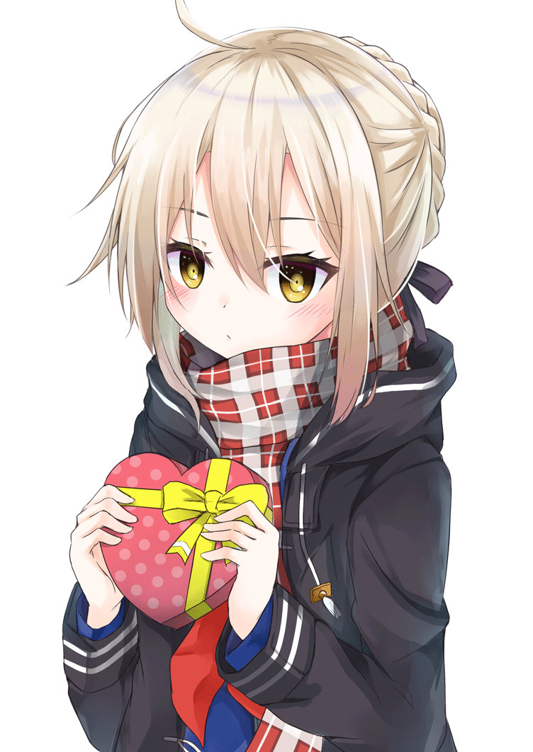 1girl ahoge bangs blonde_hair blush braid closed_mouth duffel_coat eyebrows_visible_through_hair fate/grand_order fate_(series) french_braid gift hair_between_eyes heart-shaped_box heroine_x heroine_x_(alter) holding holding_gift looking_at_viewer plaid plaid_scarf pursed_lips red_neckerchief red_scarf saber scarf school_uniform serafuku short_hair_with_long_locks sidelocks simple_background siroyuki solo upper_body valentine white_background yellow_eyes