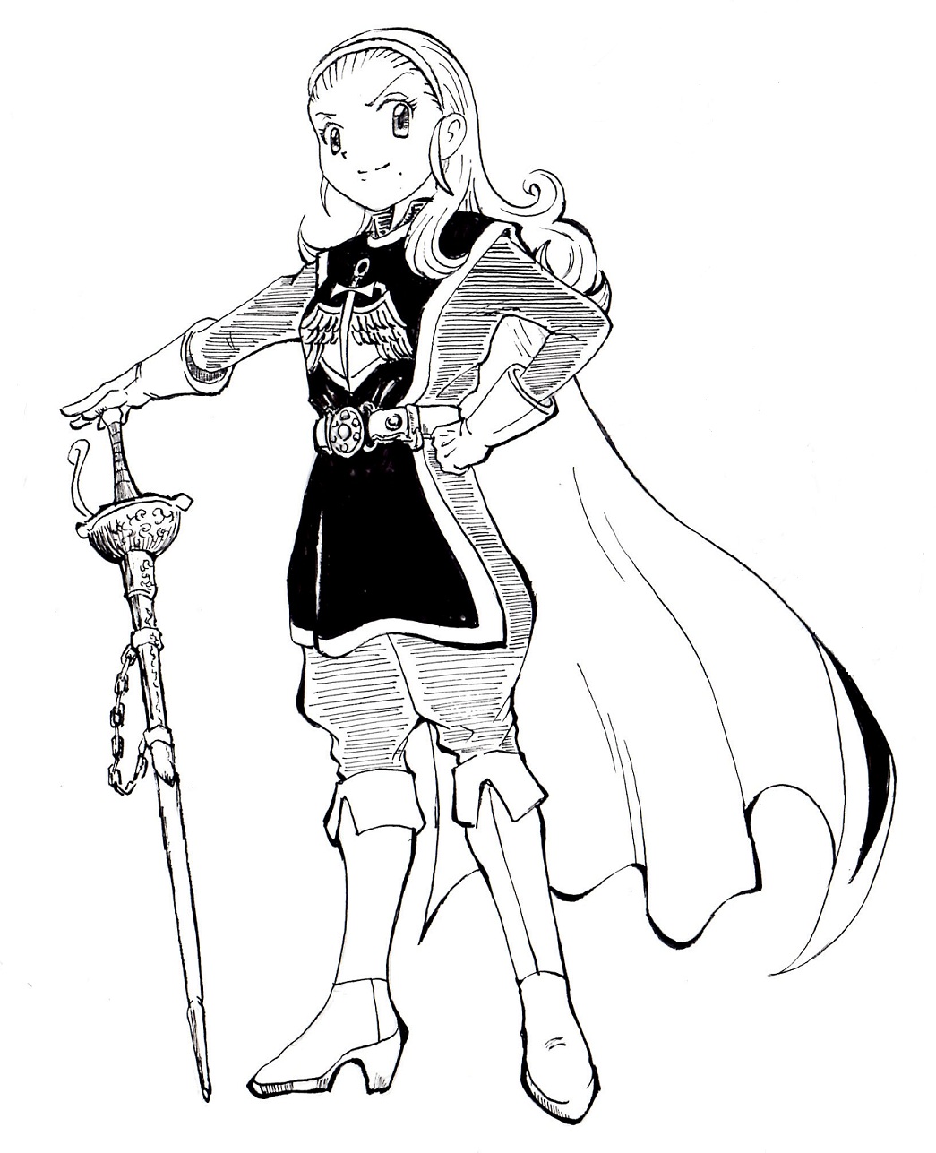 1girl anlucea breasts dragon_quest dragon_quest_x full_body greyscale highres long_hair monochrome solo sword weapon