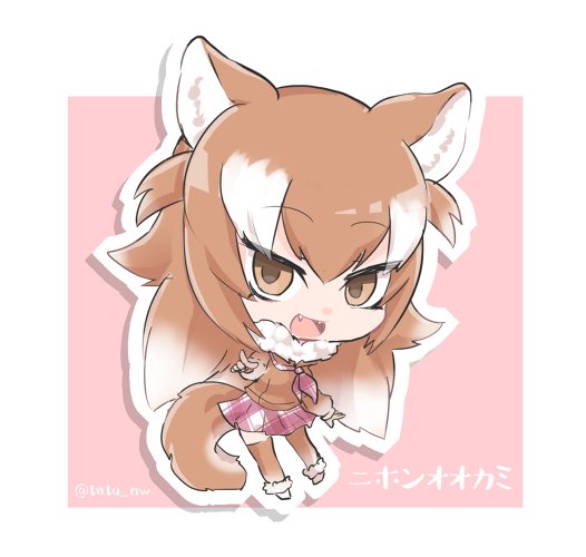 1girl :d animal_ears arm_at_side boots border brown_eyes brown_hair brown_legwear brown_shirt character_name chibi collar commentary_request empty_eyes eyebrows_visible_through_hair fangs full_body fur-trimmed_boots fur_collar fur_trim gradient_hair japanese_wolf_(kemono_friends) kemono_friends long_hair long_sleeves looking_at_viewer multicolored_hair open_mouth outline pink_background plaid plaid_neckerchief plaid_skirt pointing pointing_at_viewer sailor_collar shadow shirt skirt smile solo standing tail tatu_nw thigh-highs tsurime twitter_username two-tone_hair white_border white_hair white_outline wolf_ears wolf_tail zettai_ryouiki