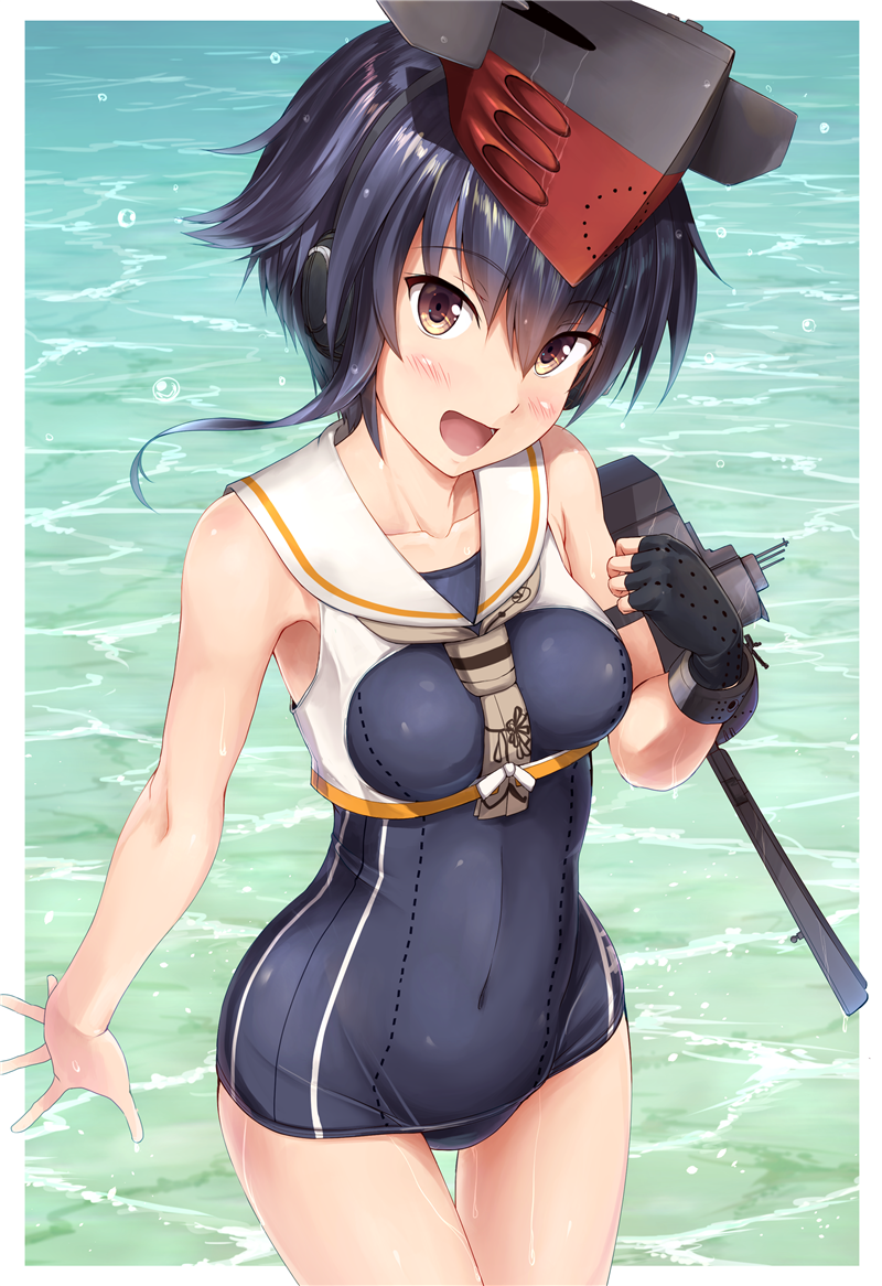 1girl between_breasts black_gloves blue_hair blush breasts brown_eyes collarbone commentary_request covered_navel eyebrows_visible_through_hair fingerless_gloves from_above gloves hair_between_eyes hat headgear headphones i-14_(kantai_collection) ichikawa_feesu kantai_collection looking_at_viewer ocean open_mouth outside_border raised_fist sailor_collar school_swimsuit short_hair single_glove solo swimsuit swimsuit_pull white_border