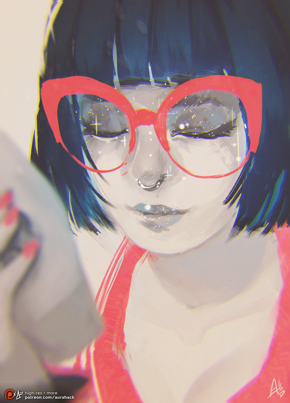 1girl bangs black_hair blurry breasts chromatic_aberration cleavage closed_eyes depth_of_field erica_june_lahaie glasses highres holding lips nail_polish original red_nails short_hair signature smile solo sparkle upper_body watermark web_address