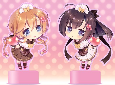 2girls adapted_costume ahoge akizuki_(kantai_collection) alternate_costume blue_eyes braid brown_hair carnelian chibi colored_eyelashes corset enmaided full_body gradient gradient_background hair_between_eyes hair_ornament hair_ribbon hairband headband high_ponytail kantai_collection light_brown_hair long_hair looking_at_viewer lowres maid multiple_girls open_mouth pleated_skirt puffy_short_sleeves puffy_sleeves ribbon short_sleeves skirt smile teruzuki_(kantai_collection) tongue tress_ribbon twin_braids