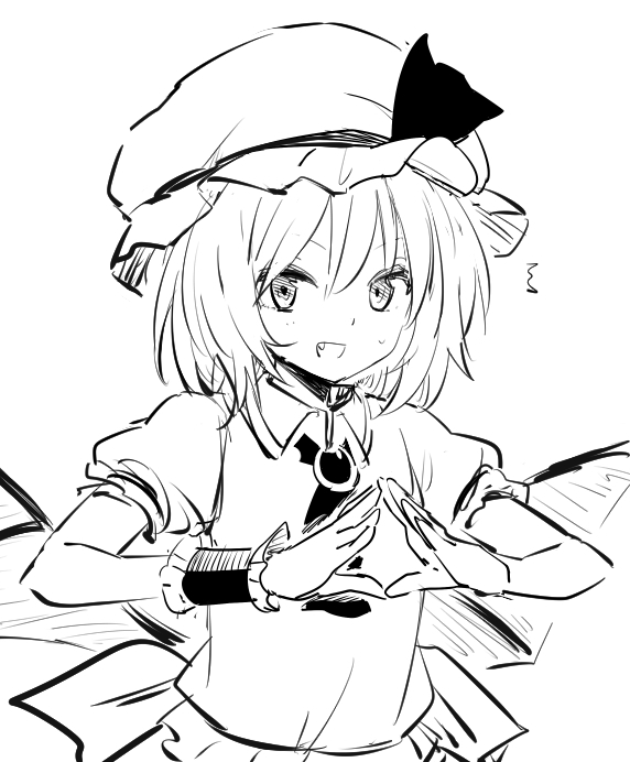 1girl ascot bat_wings brooch fang happy hat hat_ribbon jewelry leon_(mikiri_hassha) looking_at_viewer mob_cap monochrome open_mouth puffy_short_sleeves puffy_sleeves remilia_scarlet ribbon short_hair short_sleeves smile solo steepled_fingers touhou wings wrist_cuffs