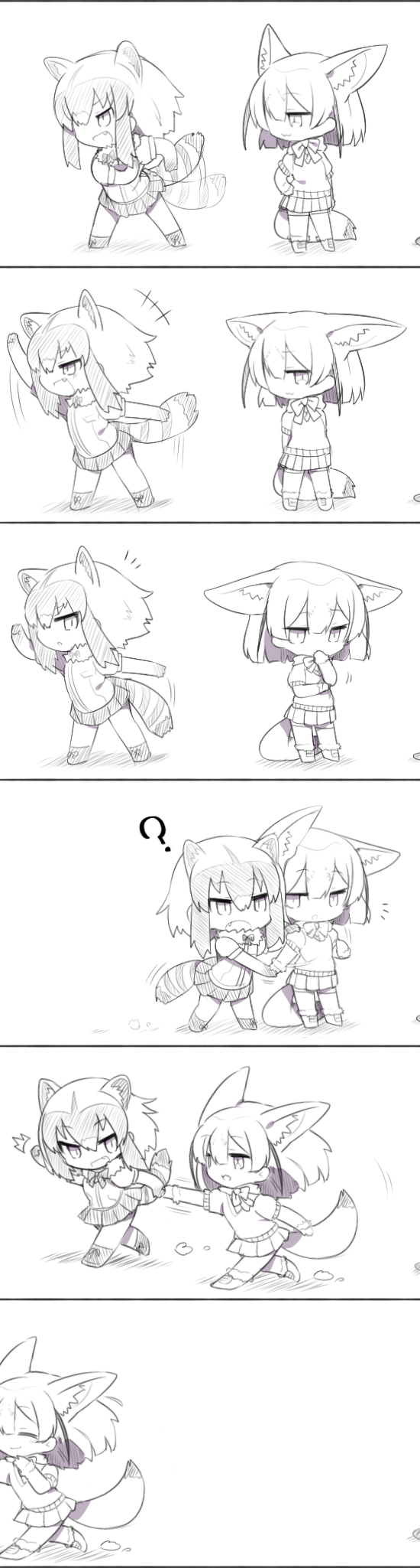 animal_ears bow comic fennec_(kemono_friends) fox_ears gloves highres kemono_friends kisaragi_kaya multiple_girls open_mouth puffy_sleeves raccoon_(kemono_friends) shirt short_hair short_sleeves silent_comic skirt smile tail translation_request