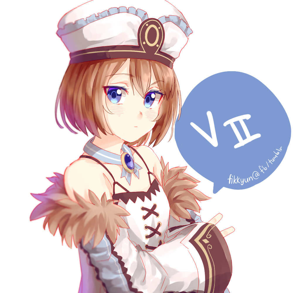 1girl artist_name blanc blue_eyes blush brown_hair choujigen_game_neptune chromatic_aberration detached_sleeves dress female fikkyun hat looking_at_viewer neptune_(series) shin_jigen_game_neptune_vii short_hair sleeves_past_wrists solo spaghetti_strap upper_body v white_dress wide_sleeves