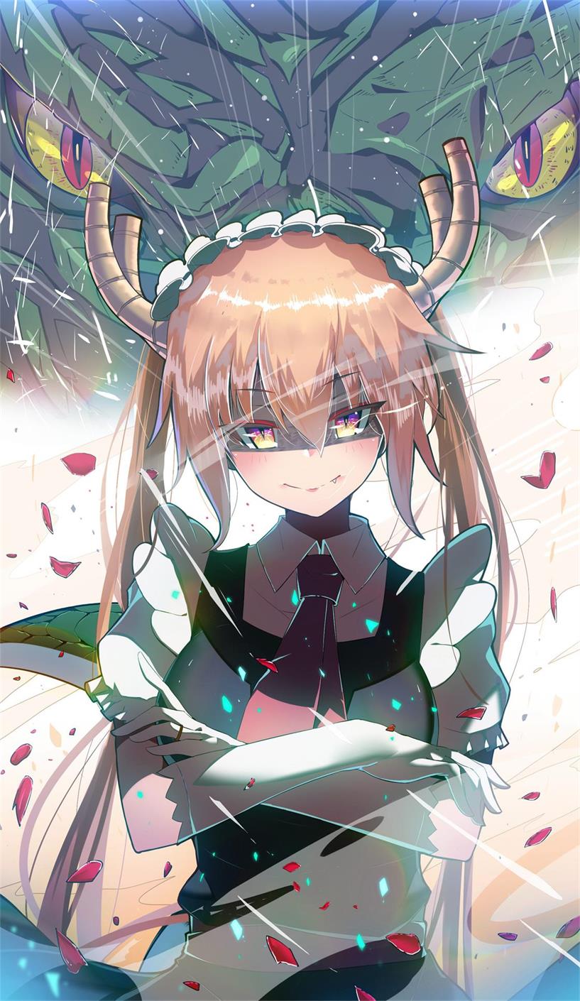 1girl ascot black_dress breasts closed_mouth collared_shirt crossed_arms dragon dragon_girl dragon_horns dress dress_shirt dual_persona elbow_gloves eyebrows_visible_through_hair fang fang_out frilled_sleeves frills gloves gradient gradient_eyes hair_between_eyes highres horns kobayashi-san_chi_no_maidragon long_hair looking_at_viewer lucky_(1045044604) maid maid_headdress monster multicolored multicolored_eyes necktie orange_eyes orange_hair puffy_short_sleeves puffy_sleeves red_ascot red_necktie sash serious shaded_face shards shirt short_sleeves sidelocks skirt sleeveless sleeveless_dress slit_pupils smile solo standing tooru_(dragon)_(maidragon) tooru_(maidragon) tsurime twintails upper_body violet_eyes white_gloves white_shirt yellow_eyes