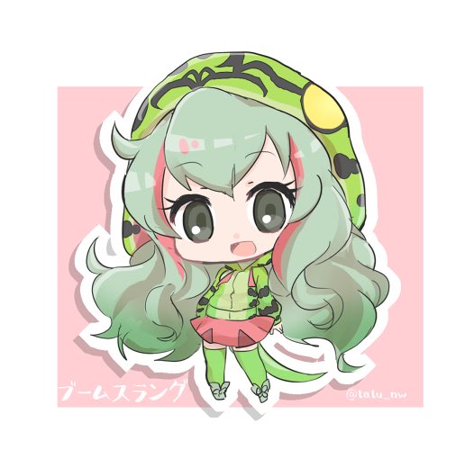 1girl :d black_eyes boomslang_(kemono_friends) border character_name chibi commentary_request eyebrows_visible_through_hair eyelashes full_body green_footwear green_legwear hood hoodie kemono_friends long_hair long_sleeves looking_at_viewer multicolored_hair open_mouth outline outside_border pink_background pink_skirt skirt smile snake_tail solo standing tail tareme tatu_nw thigh-highs twitter_username two-tone_hair wavy_hair white_border white_outline zettai_ryouiki