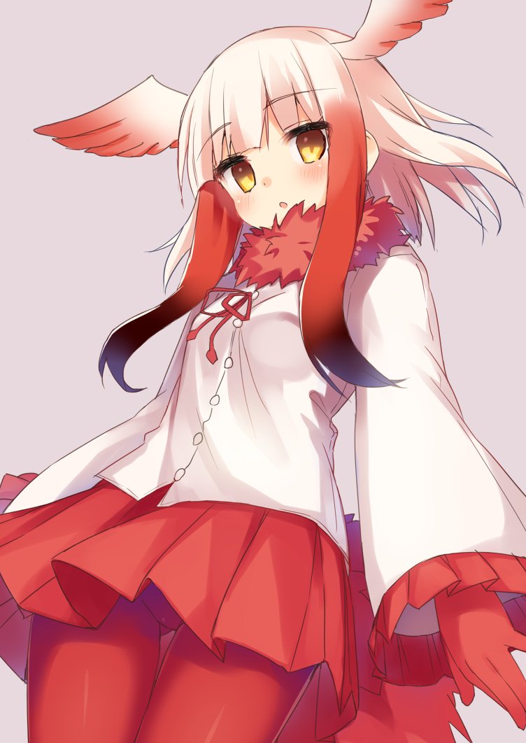 1girl bangs blunt_bangs crested_ibis_(kemono_friends) frills gloves gluteal_fold head_wings kemono_friends long_hair long_sleeves looking_at_viewer mokoke multicolored_hair open_mouth pantyhose pleated_skirt red_gloves red_legwear sidelocks skirt solo tail thigh_gap two-tone_hair white_hair wings yellow_eyes