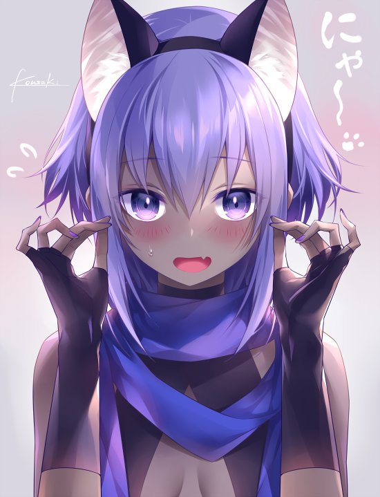 1girl :d animal_ears artist_name assassin_(fate/prototype_fragments) bangs bare_shoulders black_gloves blue_scarf blush cat_day cat_ears dark_skin fake_animal_ears fang fate/prototype fate/prototype:_fragments_of_blue_and_silver fate_(series) fingerless_gloves gloves hair_between_eyes hairband kousaki_rui looking_at_viewer open_mouth purple_hair scarf short_hair sidelocks signature smile solo violet_eyes