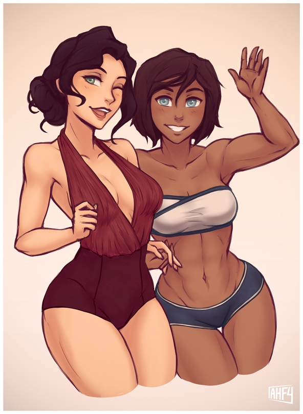 2girls ;d arm asami_sato avatar_(series) bandeau bare_arms bare_legs bare_shoulders bikini black_hair blue_eyes blush breasts brown_hair cleavage clenched_teeth collarbone couple dark_skin green_eyes grin hand_holding happy highres iahfy korra legs lips lipstick looking_at_viewer medium_breasts midriff multiple_girls mutual_yuri navel neck nickelodeon one_eye_closed open_mouth red_lipstick round_teeth short_hair smile strapless_bikini strapless_swimsuit swimsuit teeth the_legend_of_korra toned tubetop waving wink yuri