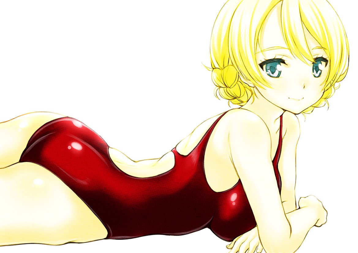 1girl ass bangs blonde_hair blue_eyes braid closed_mouth crossed_arms darjeeling from_side girls_und_panzer light_smile looking_at_viewer lying on_stomach one-piece_swimsuit red_swimsuit shiromitsu_suzaku short_hair simple_background solo swimsuit tied_hair twin_braids white_background