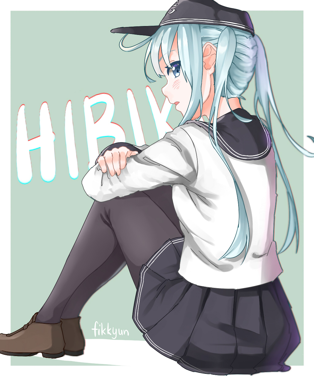 1girl alternate_hairstyle aqua_eyes aqua_hair artist_name character_name fikkyun flat_cap hat hibiki_(kantai_collection) highres kantai_collection miniskirt open_mouth pantyhose pleated_skirt profile school_uniform serafuku signature sitting skirt solo twintails