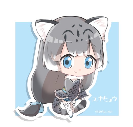 1girl animal_ears animal_print blue_background blue_eyes blue_ribbon border character_name chibi commentary_request eyebrows_visible_through_hair frilled_sleeves frills from_side full_body grey_hair hair_ornament hair_ribbon kemono_friends leopard_ears leopard_print leopard_tail long_hair long_sleeves low-tied_long_hair multicolored_hair obi outline ribbon sandals sash shadow sleeves_past_wrists smile snow_leopard_(kemono_friends) solo standing tail tareme tatu_nw thigh-highs twitter_username white_border white_hair white_outline wide_sleeves