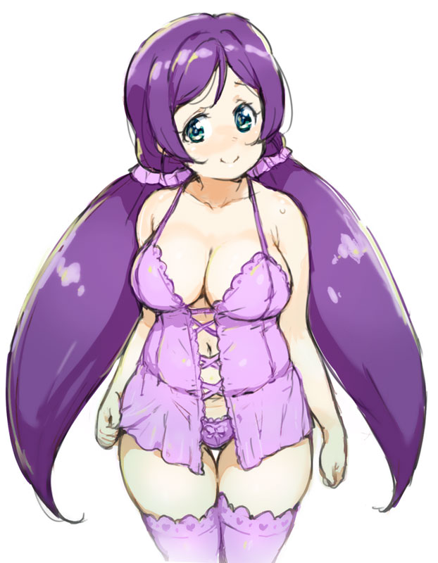 1girl babydoll blush breasts cleavage green_eyes large_breasts long_hair looking_at_viewer love_live! love_live!_school_idol_project low_twintails navel panties purple_hair purple_legwear purple_panties randou scrunchie simple_background sketch smile solo thigh-highs toujou_nozomi twintails underwear underwear_only very_long_hair white_background
