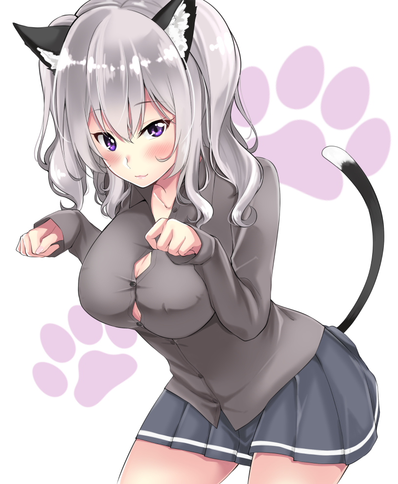 1girl animal_ears blue_skirt blush breasts cardigan cat_ears cat_tail closed_mouth collarbone eyebrows_visible_through_hair grey_sweater kantai_collection kashima_(kantai_collection) large_breasts leaning_forward long_hair long_sleeves looking_at_viewer paw_print pleated_skirt silver_hair simple_background skirt solo striped striped_skirt tail twintails violet_eyes white_background yukino_(yukinosora1126)