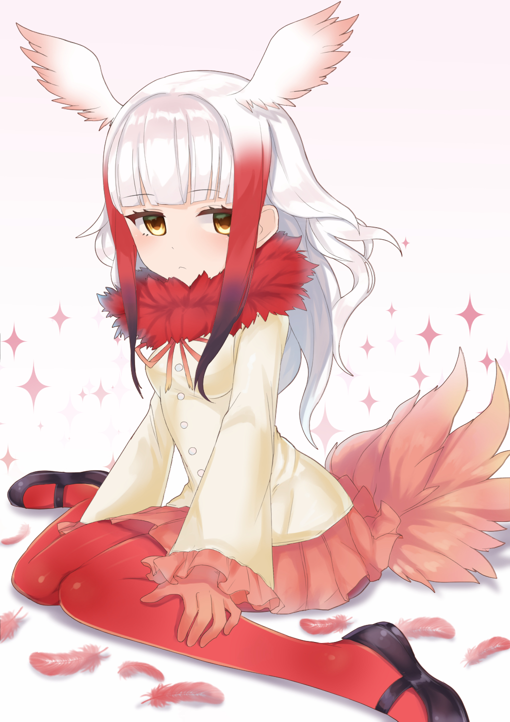 1girl bangs bird_tail black_shoes blunt_bangs blush buttons closed_mouth collar crested_ibis_(kemono_friends) expressionless eyebrows_visible_through_hair feathers frilled_sleeves frills fur_collar gloves gradient gradient_background gradient_hair hands_on_legs head_wings highres jitome kemono_friends long_hair long_sleeves looking_at_viewer mary_janes miniskirt multicolored_hair pantyhose pleated_skirt red_gloves red_legwear red_skirt redhead ryuukeichi_andromeda shirt shoes short_hair short_hair_with_long_locks sidelocks sitting skirt solo sparkle tail two-tone_hair wariza white_hair white_shirt wide_sleeves wings yellow_eyes