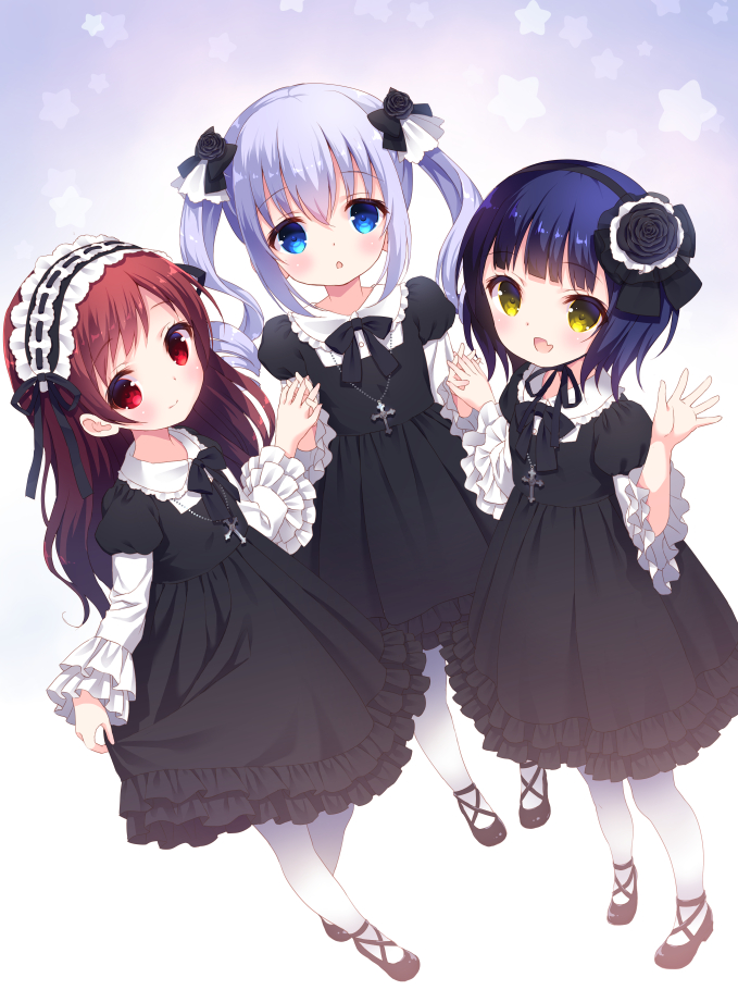 3girls :d :o alternate_costume alternate_hairstyle bangs black_bow black_dress black_ribbon black_rose black_shoes blue_eyes blue_hair blunt_bangs blush bow chestnut_mouth chimame-tai closed_mouth collared_dress commentary_request cross cross-laced_footwear dress dress_lift dutch_angle eyebrows_visible_through_hair flower frilled_dress frilled_hairband frills from_above full_body gochuumon_wa_usagi_desu_ka? gothic_lolita gradient gradient_background hair_between_eyes hair_bow hair_ornament hairband hand_holding interlocked_fingers jewelry jouga_maya kafuu_chino lifted_by_self lolita_fashion lolita_hairband long_hair long_sleeves looking_at_viewer mary_janes matching_outfit multiple_girls natsu_megumi necklace open_mouth pantyhose puffy_sleeves red_eyes redhead ribbon ribbon-trimmed_hairband ribbon_trim rose shoes short_hair sidelocks smile standing star suzu_(kosakabe) twintails two-tone_background white_legwear yellow_eyes