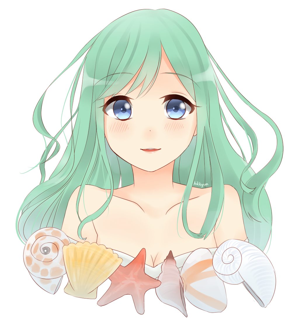 1girl aqua_hair artist_name blue_eyes borrowed_character breasts cleavage collarbone fikkyun open_mouth original round_teeth seashell shell signature smile solo starfish teeth transparent_background upper_body