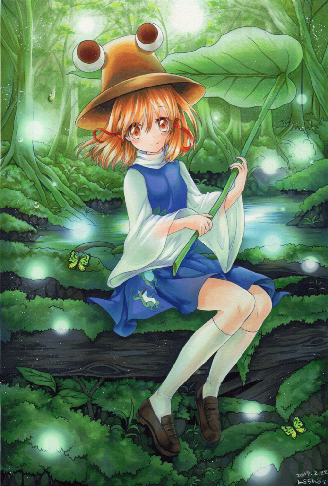 1girl animal blonde_hair breasts butterfly commentary_request forest hat kneehighs leaf_umbrella loafers long_sleeves marker_(medium) moriya_suwako mosho moss nature pond purple_skirt purple_vest shirt shoes signature sitting skirt skirt_set small_breasts touhou traditional_media tree vest white_legwear white_shirt wide_sleeves yellow_eyes