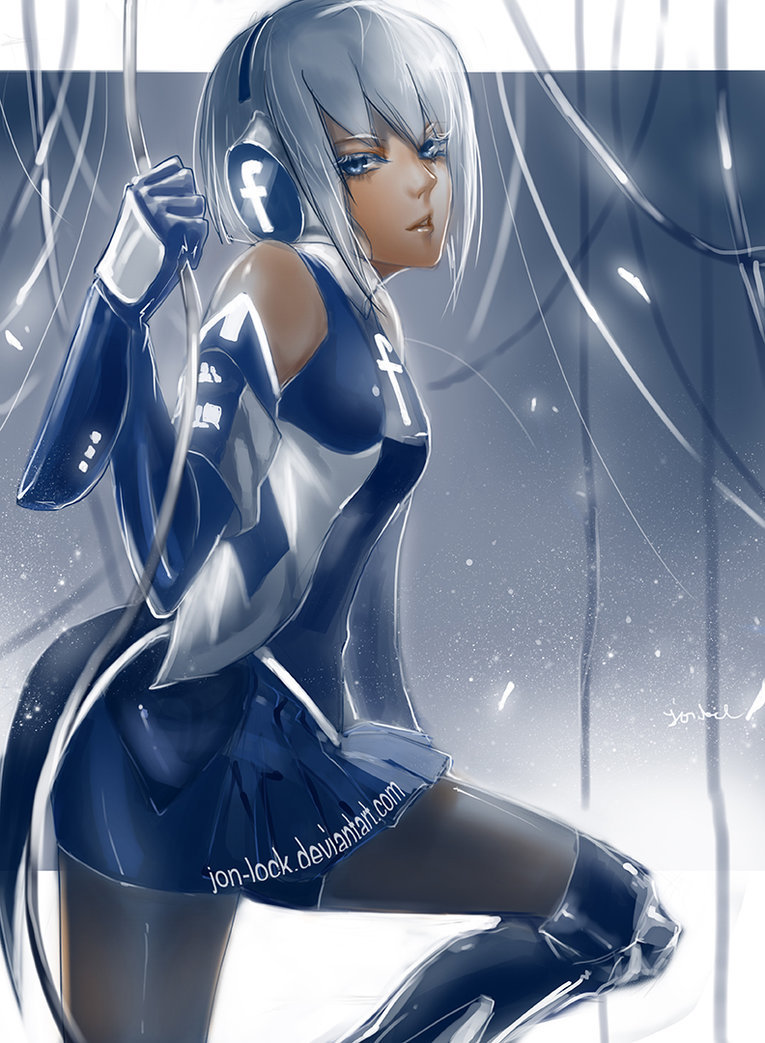1girl bare_shoulders blue_eyes boots dress elbow_gloves facebook gauntlets headphones looking_at_viewer short_hair silver_hair solo tagme tights