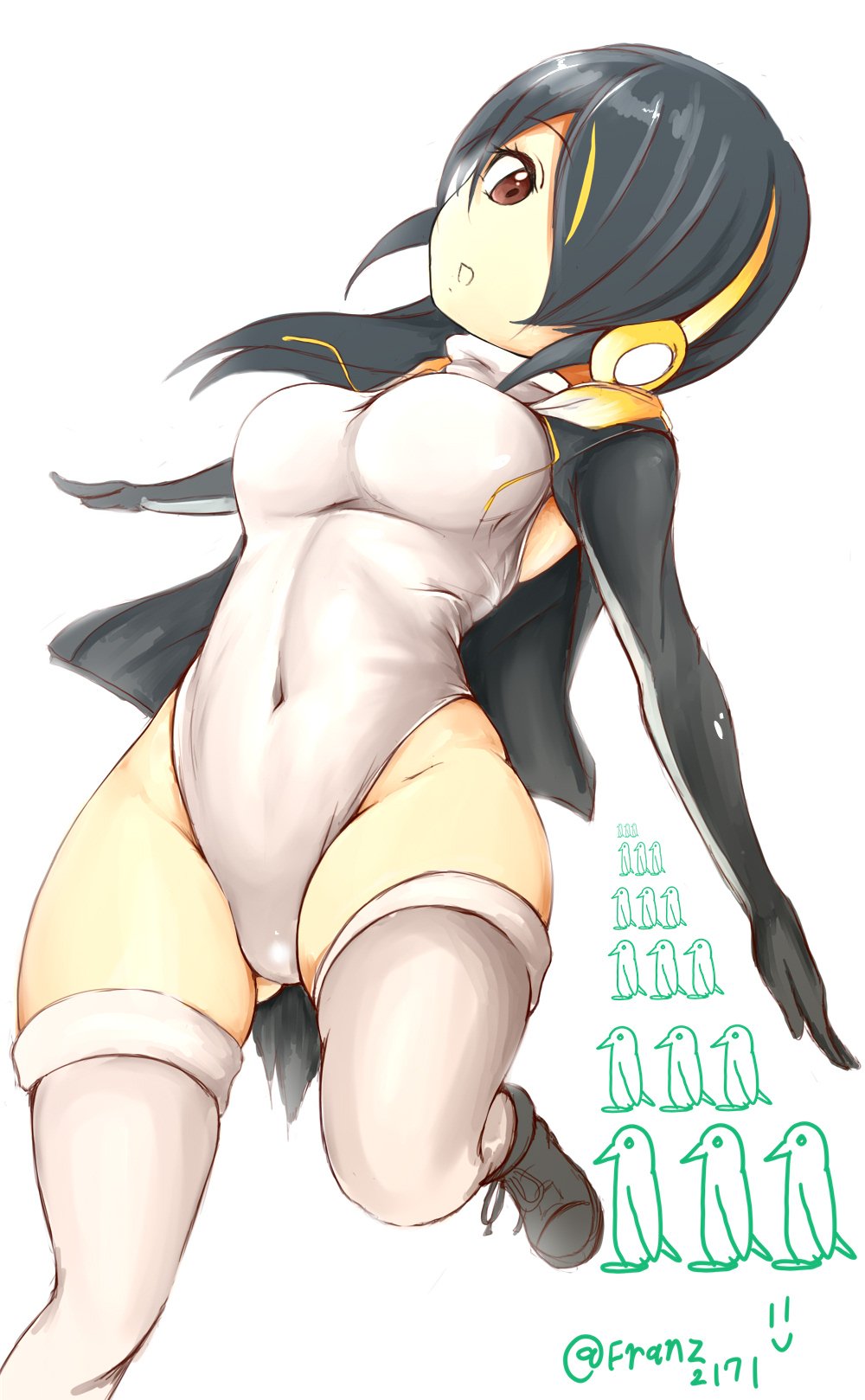 1girl bird black_boots black_gloves black_hair boots breasts cape covered_navel emperor_penguin_(kemono_friends) eyebrows_visible_through_hair franz_(217franz) gloves hair_over_one_eye head_tilt headphones highres hood hoodie kemono_friends large_breasts leotard parted_lips penguin red_eyes shoes simple_background solo teeth thigh-highs twitter_username white_background white_legwear