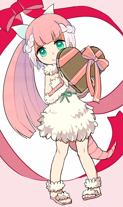 1girl arm_warmers armadillo_tail bangs belt blunt_bangs blush braid chocolate chocolate_heart collar dress eyebrows_visible_through_hair eyelashes fairy_wings fingernails food french_braid full_body fur_collar green_belt green_eyes head_wings heart high_ponytail holding holding_food kemono_friends lavender_hair long_hair looking_at_viewer multicolored multicolored_background multicolored_hair niigo pink_background pink_fairy_armadillo_(kemono_friends) pink_hair red_ribbon ribbon sandals side_ponytail sleeveless sleeveless_dress smile solo standing strapless strapless_dress tail tareme two-tone_hair valentine very_long_hair white_background white_dress wings