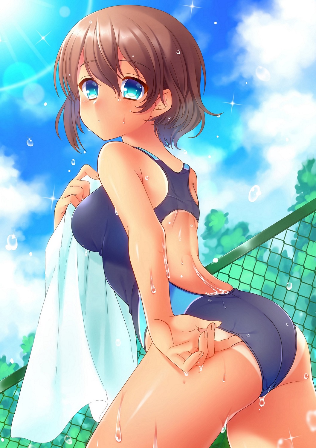 1girl adjusting_clothes adjusting_swimsuit aneroido ass bangs blue_sky blush breasts brown_hair chain-link_fence clouds cloudy_sky competition_swimsuit cowboy_shot eyebrows_visible_through_hair fence from_behind hair_between_eyes highres holding_towel light_rays looking_at_viewer looking_back medium_breasts moe2017 one-piece_swimsuit original outdoors parted_lips short_hair sky solo sunbeam sunlight swimsuit tan tanline tareme thighs water_drop wet