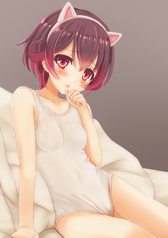 1girl animal_ears arm_support blush brown_hair cat_ears fake_animal_ears gradient_hair jewelry kantai_collection looking_at_viewer multicolored_hair mutsuki_(kantai_collection) ootori_(kyoya-ohtori) pillow red_eyes redhead ring school_swimsuit short_hair solo swimsuit wedding_band white_school_swimsuit white_swimsuit