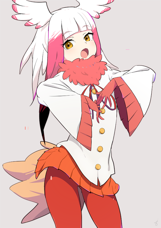 1girl character_request crested_ibis_(kemono_friends) gloves grey_background head_wings kemono_friends long_hair multicolored_hair open_mouth pleated_skirt red_gloves red_legwear redhead simple_background skirt so_shina solo two-tone_hair white_hair yellow_eyes