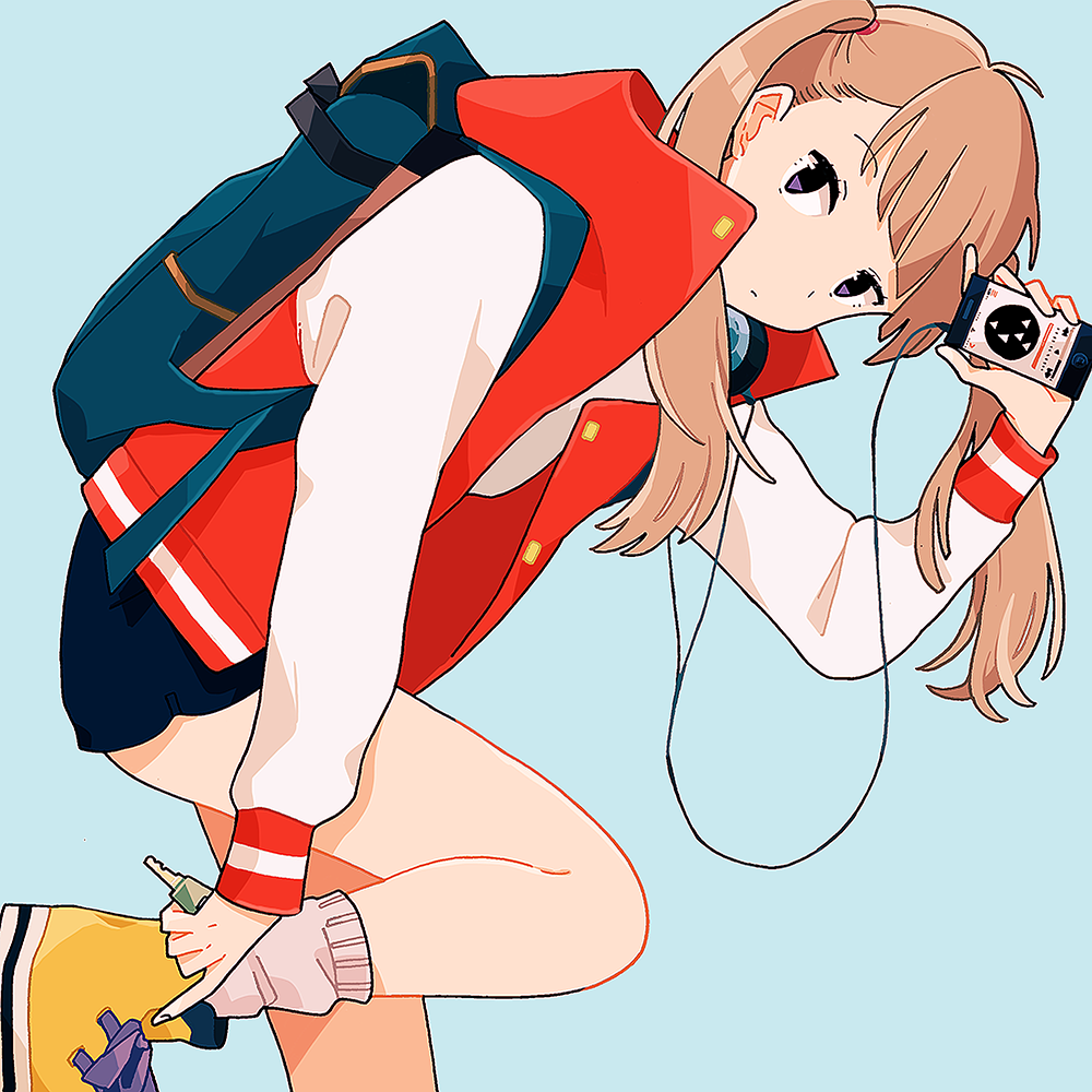 1girl adjusting_clothes adjusting_shoe album_cover aqua_background backpack bag bangs blue_background blunt_bangs brown_hair cable closed_mouth cover cross-laced_footwear digital_media_player earphones eyebrows_visible_through_hair hair_ornament hair_tie hand_up jacket key kurokeisin leg_up letterman_jacket listening_to_music long_hair long_sleeves looking_at_viewer miniskirt one_leg_raised original red_jacket shirt shoes skirt sneakers socks solo standing standing_on_one_leg twintails white_legwear yellow_shoes