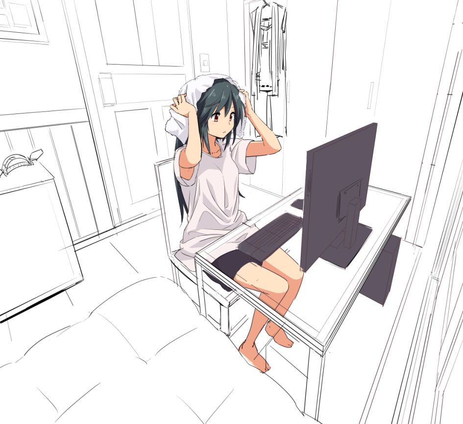 1girl alternate_costume armpit_peek barefoot bed bike_shorts black_hair brown_eyes clothes_hanger collarbone computer_keyboard computer_tower door drying_hair haruna_(kantai_collection) headwear_removed indoors kantai_collection leon_(mikiri_hassha) light_switch long_hair monitor partially_colored perspective shirt solo towel white_shirt