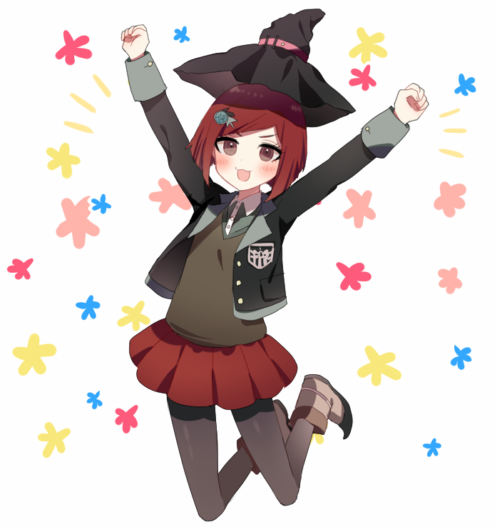 1girl :3 blush brown_hair clenched_hands dangan_ronpa full_body hair_ornament hairclip hat jumping new_dangan_ronpa_v3 open_mouth outstretched_arms pantyhose pleated_skirt red_eyes school_uniform short_hair skirt smile solo witch_hat yumeno_himiko yuyupo