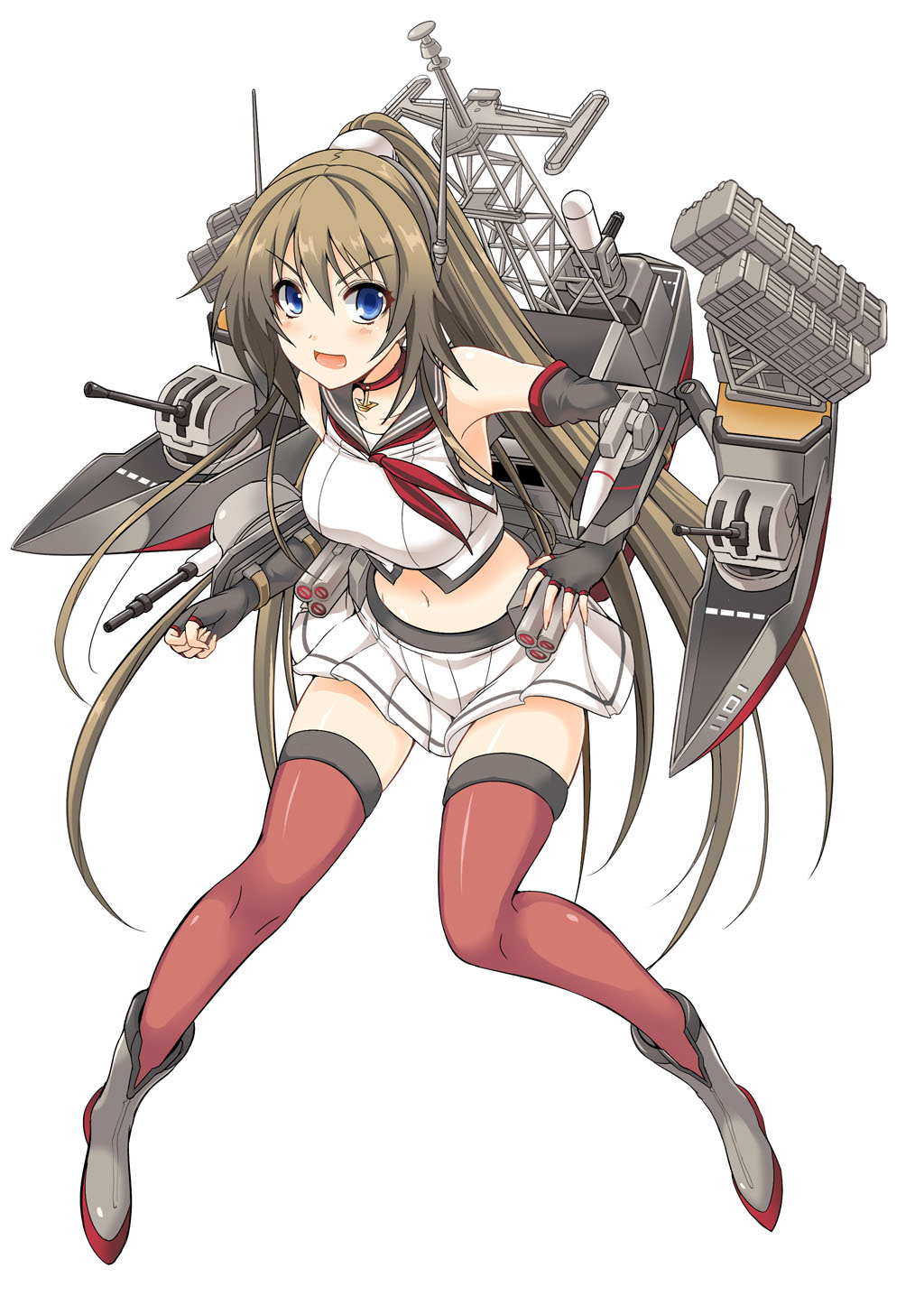 &gt;:d 1girl :d armpits bare_shoulders black_gloves blue_eyes blush breasts brown_hair choker crop_top elbow_gloves fingerless_gloves full_body gloves groin highres kantai_collection large_breasts long_hair looking_at_viewer machinery missile_pod navel nekoi_hikaru open_mouth original personification phalanx_ciws ponytail red_legwear rigging shirt skirt sleeveless sleeveless_shirt smile smokestack solo thigh-highs torpedo turret very_long_hair white_skirt