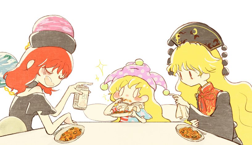 3girls alcohol beer black_dress black_shoes blonde_hair blush_stickers chinese_clothes closed_eyes clownpiece collar commentary_request dress eating fairy_wings hat hecatia_lapislazuli jester_cap junko_(touhou) long_hair long_sleeves multiple_girls neck_ruff polka_dot polos_crown red_eyes redhead shirt shoes sitting sketch suzuko_(ponpokoponpon88) t-shirt tabard touhou wide_sleeves wings