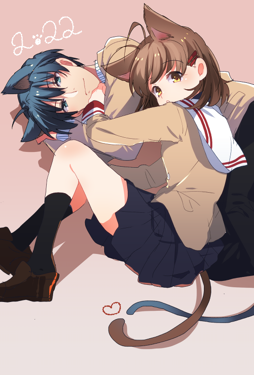 1boy 1girl animal_ears antenna_hair blue_eyes blue_hair blue_skirt brown_eyes brown_hair cat_day cat_ears cat_tail clannad furukawa_nagisa loafers looking_at_viewer lying necktie okazaki_tomoya on_side pleated_skirt red_necktie sailor_collar school_uniform serafuku shoes short_hair skirt tail takumi_(scya)