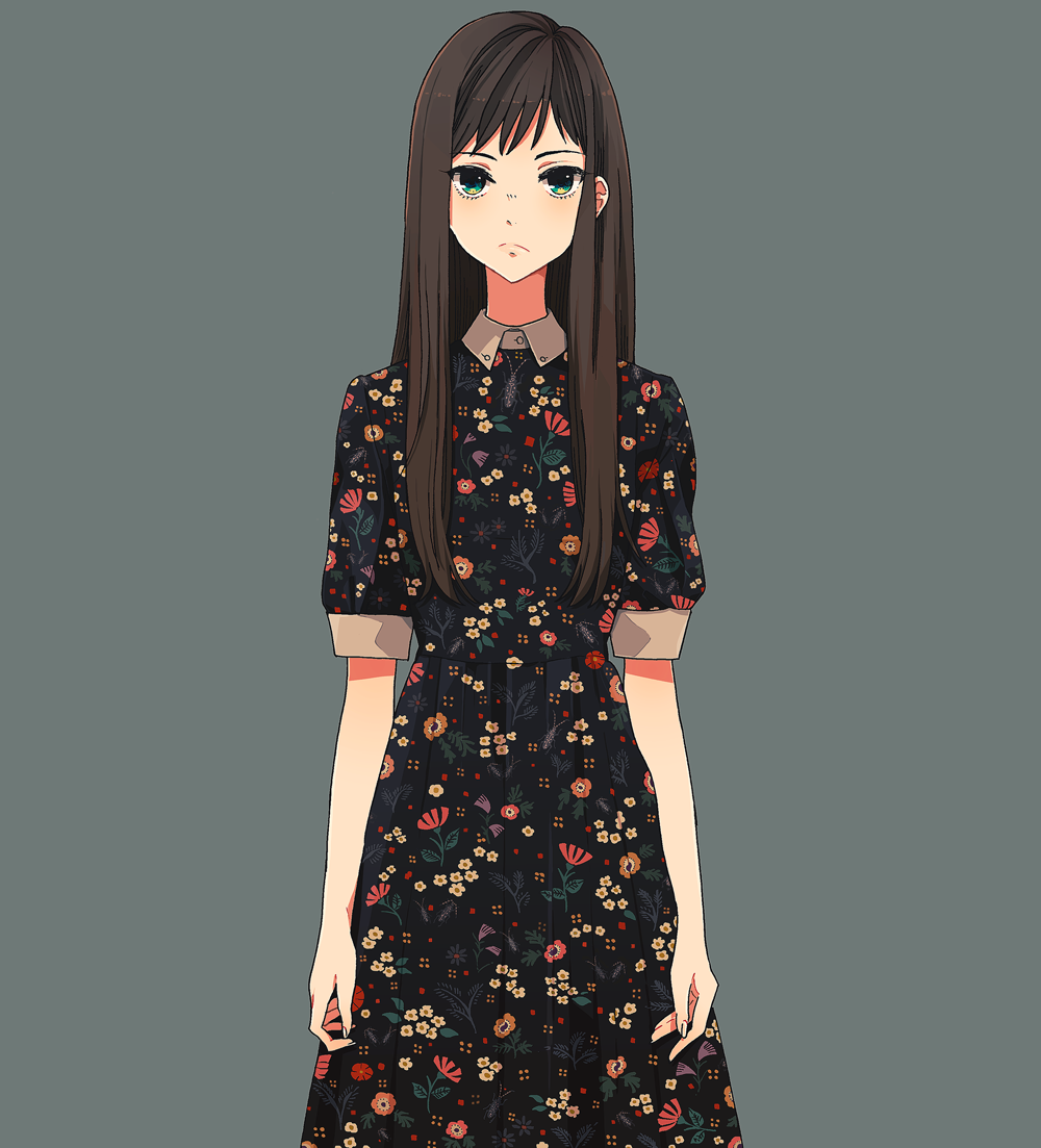 1girl arms_at_sides bangs brown_hair casual closed_mouth collared_dress collared_shirt commentary cowboy_shot dress dress_shirt eyelashes fashion fingernails floral_print frown green_eyes grey_background kurokeisin long_dress long_hair long_skirt looking_at_viewer original pleated_skirt shirt short_sleeves simple_background skirt solo standing