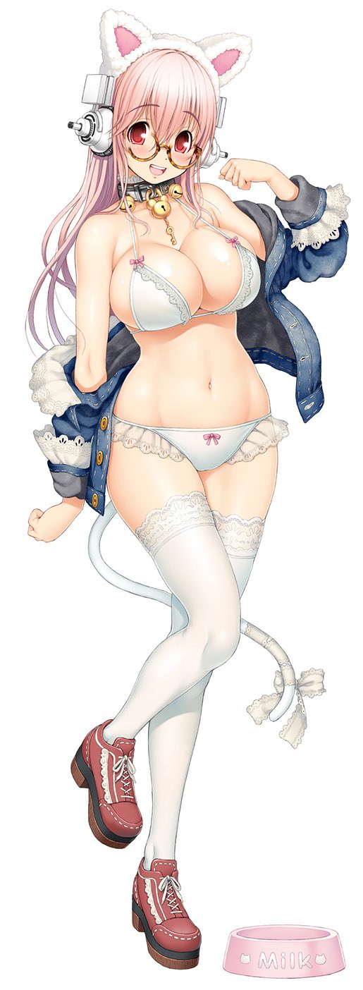 1girl animal_ears bare_shoulders bell bespectacled blush bow bowl bra breasts cat_ears cat_tail cleavage collar fake_animal_ears fake_tail frilled_bra frilled_panties frills full_body glasses hairband headphones highres key large_breasts lingerie long_hair looking_at_viewer navel nitroplus open_mouth panties paw_pose pet_bowl pink_hair red_eyes smile solo standing standing_on_one_leg super_sonico tail thigh-highs tsuji_santa underwear white_bra white_panties