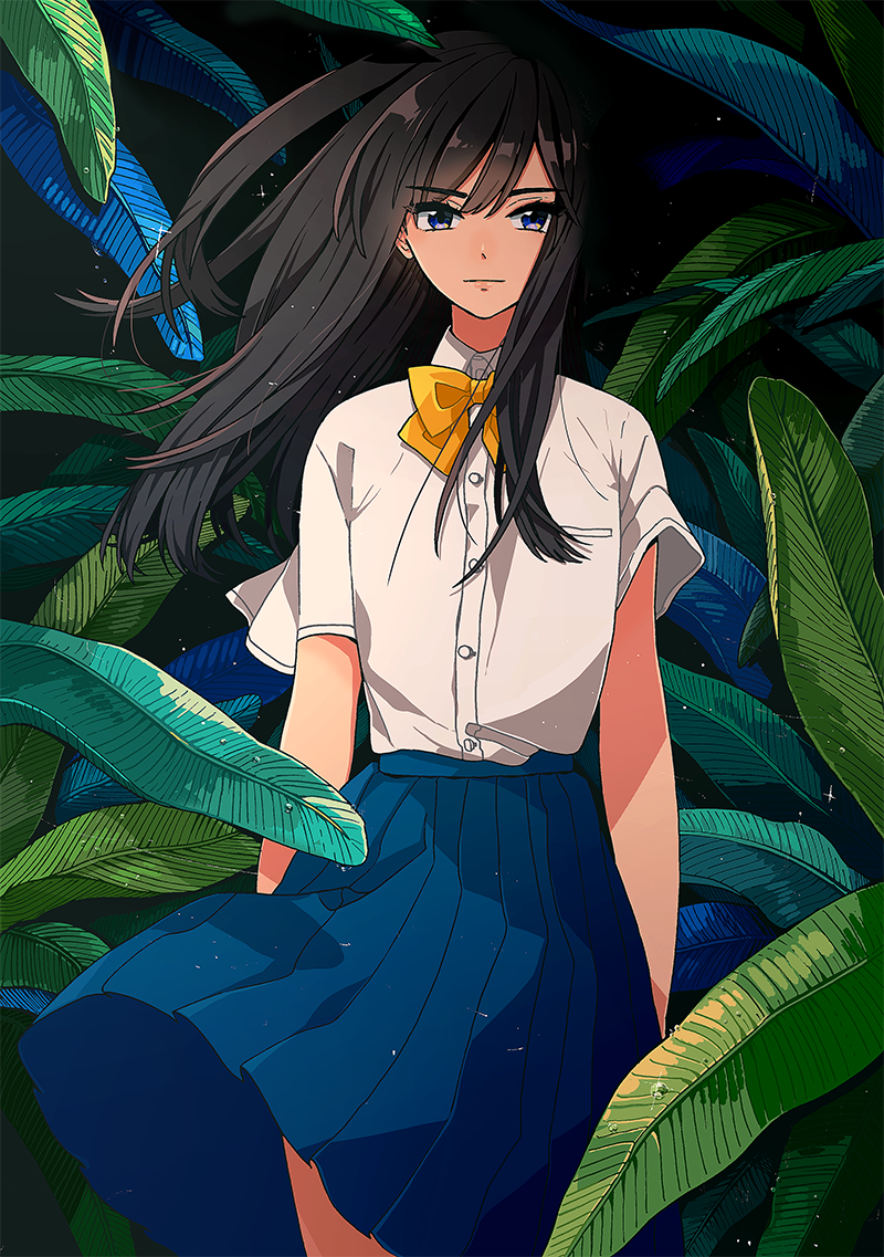 1girl arms_at_sides bangs blue_skirt bow bowtie buttons closed_mouth collared_shirt commentary cowboy_shot dress_shirt eyebrows_visible_through_hair floating_hair kurokeisin leaf long_hair original plant pleated_skirt school_uniform shirt short_sleeves skirt solo violet_eyes water_drop white_shirt wind yellow_bow yellow_bowtie