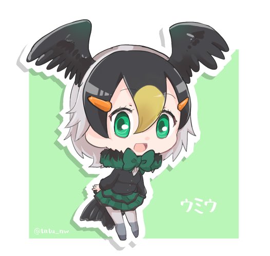 1girl :d arms_at_sides bird_tail black_hair black_shirt blonde_hair border bow bowtie buttons character_name chibi commentary_request eyebrows_visible_through_hair eyelashes feathered_wings food_themed_hair_ornament frilled_skirt frills full_body green_background green_bow green_eyes green_skirt grey_legwear hair_between_eyes hair_ornament hairclip head_wings japanese_cormorant_(kemono_friends) jpeg_artifacts kemono_friends long_sleeves looking_at_viewer multicolored_hair open_mouth orange_hair_ornament outline outside_border shadow shirt short_hair skirt smile solo tail tareme tatu_nw twitter_username white_border white_hair white_outline wings