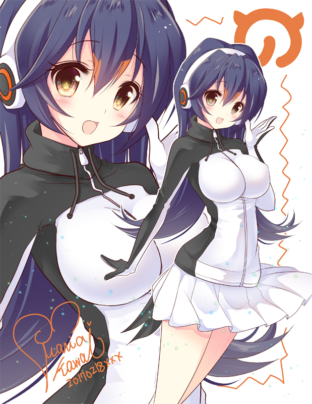 1girl :d arm_at_side black_hair blush breasts brown_eyes collar dated drawstring eyebrows_visible_through_hair eyelashes from_side gentoo_penguin_(kemono_friends) hair_between_eyes headphones impossible_clothes impossible_jacket jacket japari_symbol kawai_maria kemono_friends large_breasts logo long_hair long_sleeves looking_at_viewer multicolored_hair open_hand open_mouth orange_hair pleated_skirt signature skirt smile solo tareme turtleneck white_skirt zipper zoom_layer