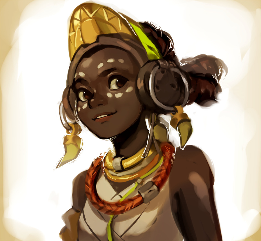 1girl brown_eyes brown_hair commentary dark_skin earrings efi_oladele facepaint headphones jewelry lips neck_ring nose overwatch sleeveless smile solo upper_body velocesmells very_dark_skin