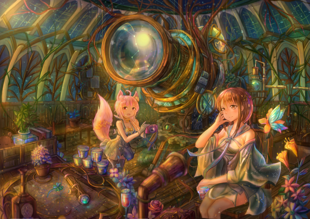 2girls ahoge animal_ears big_dipper black_legwear brown_eyes brown_hair camera chair constellation cup detached_sleeves dress drinking_glass flower fox_ears fox_tail gloves hairband hand_on_own_face indoors kutsunohito looking_at_another looking_to_the_side multiple_girls night observatory open_mouth original pink_hair plant potted_plant red_eyes red_rose rose short_hair sidelocks single_glove sitting smile standing sundress table tail telescope thigh-highs vines wine_glass wooden_floor zettai_ryouiki