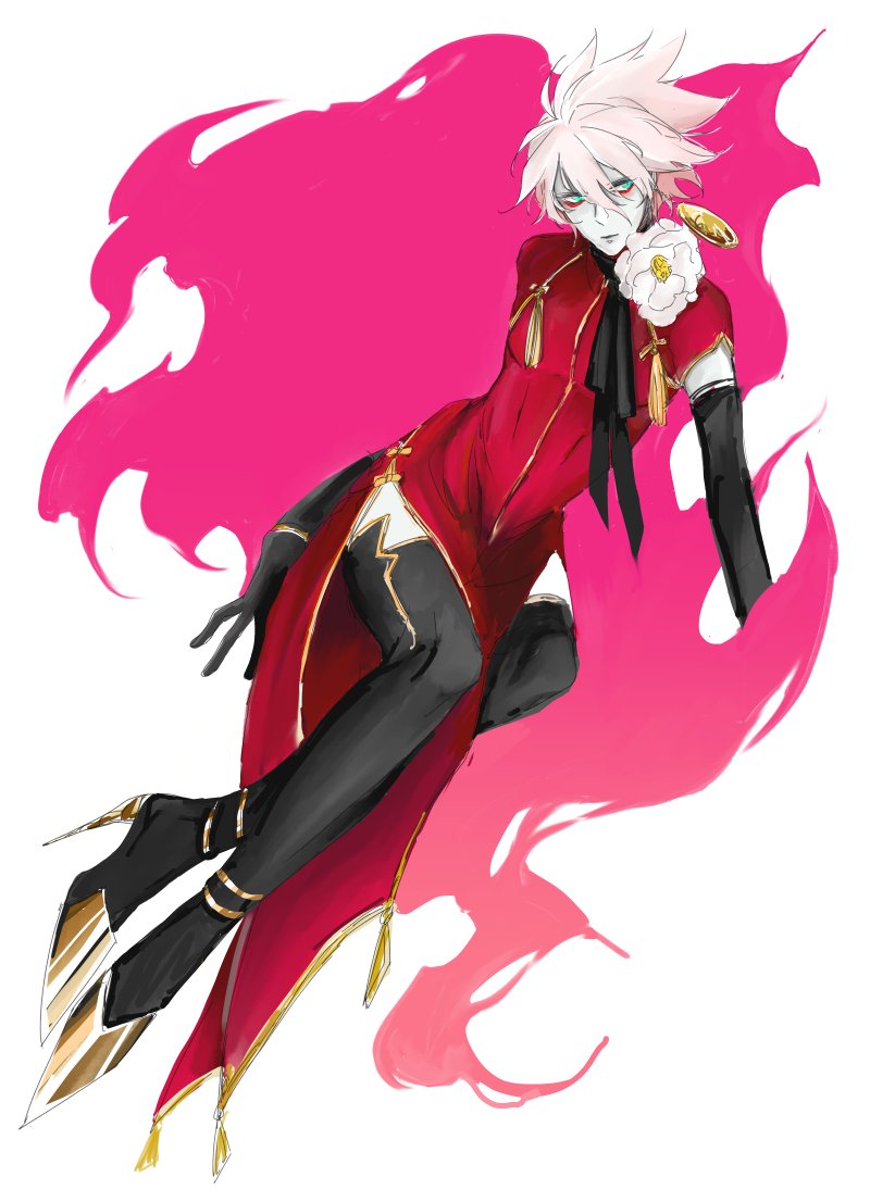 1boy china_dress chinese_clothes crossdressinging dress fate/apocrypha fate/grand_order fate_(series) full_body karna_(fate) looking_at_viewer male_focus pale_skin short_hair solo thigh-highs white_hair