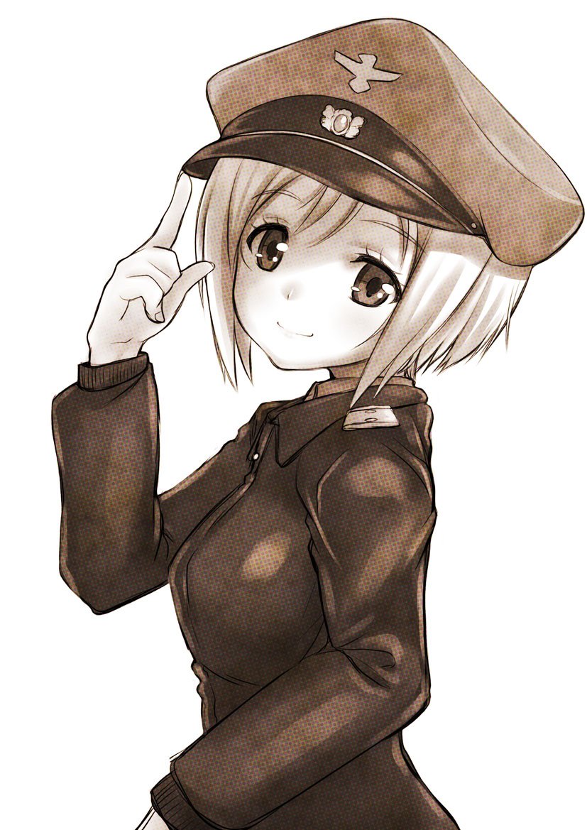 1girl adjusting_clothes adjusting_hat bangs closed_mouth erica_hartmann from_side greyscale hat jacket light_smile long_sleeves looking_at_viewer looking_back military military_hat military_uniform monochrome peaked_cap shiromitsu_suzaku short_hair solo standing strike_witches uniform upper_body world_witches_series