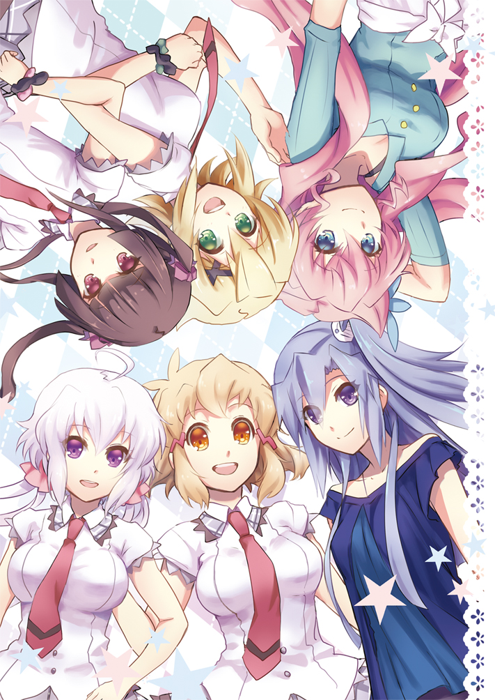 6+girls :d ahoge akatsuki_kirika arm_behind_head blonde_hair blue_hair breasts brown_hair green_eyes hair_ornament kazanari_tsubasa large_breasts long_hair low_twintails maria_cadenzavna_eve multiple_girls necktie open_mouth orange_eyes pink_hair sabu school_uniform senki_zesshou_symphogear short_hair side_ponytail smile tachibana_hibiki_(symphogear) tsukuyomi_shirabe twintails violet_eyes x_hair_ornament yukine_chris