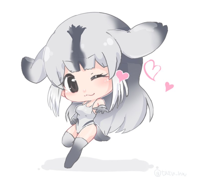 1girl ;3 bearded_seal_(kemono_friends) blush brown_eyes chibi eyebrows_visible_through_hair eyelashes from_side full_body gloves gradient_hair grey_gloves grey_hair grey_swimsuit hand_on_hip heart jpeg_artifacts kemono_friends looking_at_viewer multicolored_hair one-piece_swimsuit one_eye_closed one_leg_raised open_hand outstretched_hand seal_tail shadow sidelocks simple_background solo standing standing_on_one_leg swimsuit tail tatu_nw thigh-highs white_background white_hair