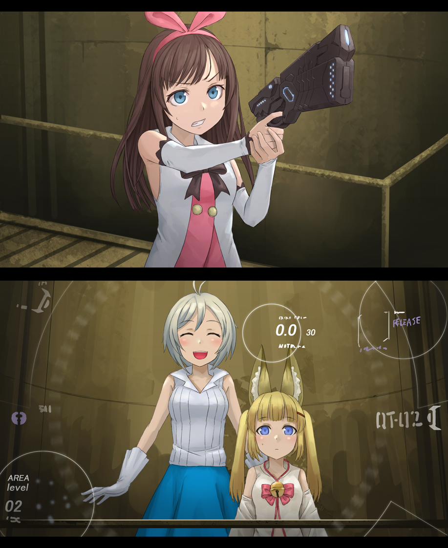 3girls ^_^ ^o^ a.i._channel animal_ears bare_shoulders blonde_hair blue_eyes blush breasts brown_hair closed_eyes dennou_shoujo_youtuber_shiro detached_sleeves expressionless fox_ears gloves gun hairband holding holding_gun holding_weapon kemomimi_vr_channel kizuna_ai kurione_(zassou) long_hair mikoko_(kemomimi_vr_channel) multiple_girls psycho-pass shiro_(dennou_shoujo_youtuber_shiro) short_hair silver_hair skirt teeth twintails weapon white_gloves