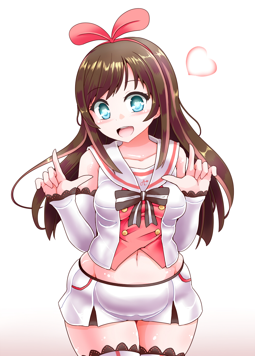 1girl a.i._channel aqua_eyes arms_at_sides bare_shoulders bow breasts brown_hair hair_bow hairband hand_gesture heart heart-shaped_pupils highres kizuna_ai lace lace-trimmed_thighhighs lilish long_hair looking_at_viewer pink_bow sailor_collar short_shorts shorts solo symbol-shaped_pupils thigh-highs white_shorts