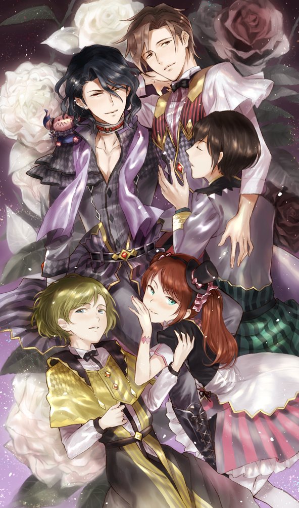 5boys asselin_bb_ii black_hair blue_eyes brown_eyes brown_hair cafe_parade choker closed_eyes flower green_hair hat heterochromia idolmaster idolmaster_side-m kamiya_yukihiro leaf looking_at_viewer male_focus miki_(binzumekurage) mini_hat mini_top_hat mizushima_saki multiple_boys parted_lips red_eyes rose satan_(idolmaster) shinonome_souichirou smile stuffed_toy top_hat trap twintails uzuki_makio wavy_hair yellow_eyes