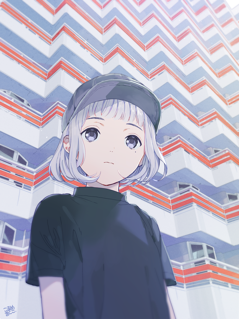 1girl baseball_cap blurry building from_below frown grey_eyes hat mole mole_under_eye mosuko muted_color original shirt signature silver_hair sketch solo t-shirt upper_body